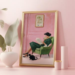 Mid century Reading Woman Art Print: Vintage Black Cat Wall Decor, Bookish lover