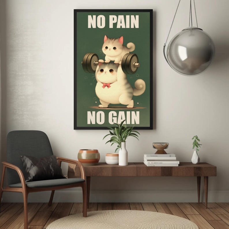May include: A motivational poster with a green background featuring two cartoon cats lifting a barbell. The text on the poster reads "No Pain No Gain".