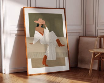 Chic Cowgirl Lounging Poster: Western Minimalist Fashion decor