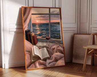 Cozy Window Sunset by the Sea Poster: Wine Glass and Book Reading Decor