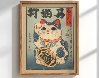Póster de gato de la suerte, arte mural japonés maneki neko: decoración japonesa vintage, arte mural retro para el hogar japonés