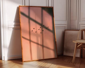 Window Shadow and Birds Poster: Warm Orange Sunset Wall decor