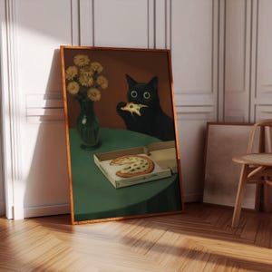 May include: A framed art print depicts a black cat eating pizza. The cat is positioned at a green table with a pizza box and a vase of yellow flowers. The artwork has a brown frame and a brown background.