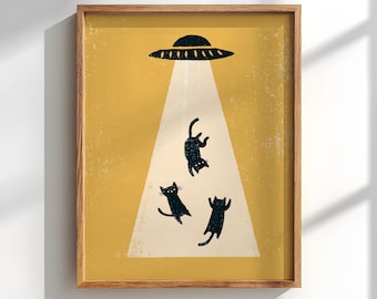 UFO Cat Abduction Poster: Minimal Retro Yellow Wall decor