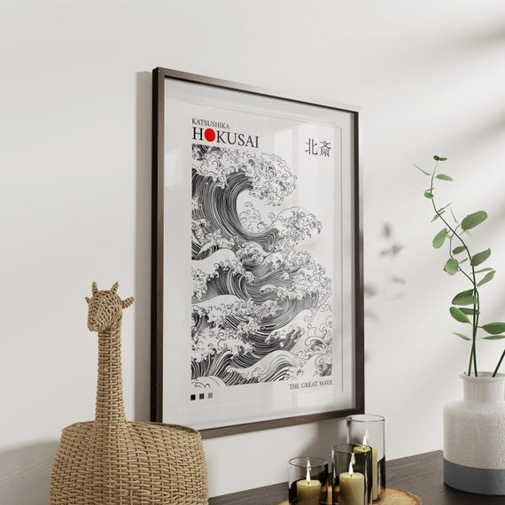 葛飾北斎『神奈川沖浪裏』ポスター：白黒の日本美術（デジタル
