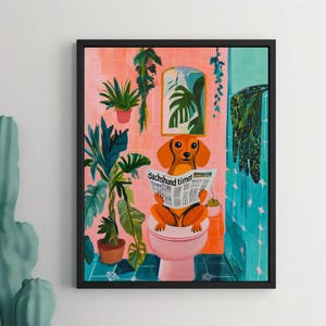 Dachshund bathroom Print, Dopamine art, Dog on toilet reading news paper, Dachshund Print, Funny Bathroom art, Gift For Dog Lover
