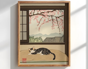 Japanese cat art print: woodblock poster, lazy cat, vintage ukiyoe style