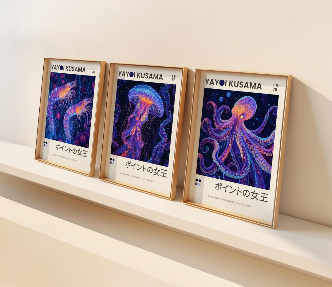 Inspired Yayoi Kusama Poster Set, Jellyfish, Octopus, Shrimp (digital ...