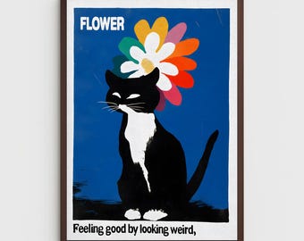 フラワーマーケットの黒猫の花のアートプリント、ヴィンテージポップアートポスター、奇妙な美的壁装飾、レトロな猫好きへのギフト