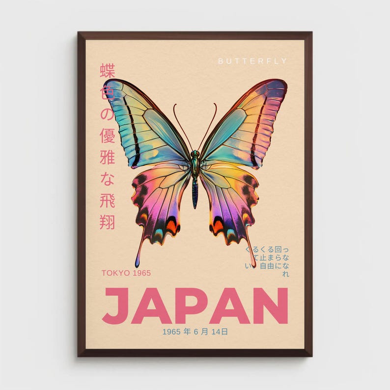 May include: A vintage poster with a colorful butterfly illustration. The poster is titled "Butterfly" and features Japanese text that reads "The elegant flight of a butterfly". The poster also includes the text "Tokyo 1965" and "Japan 1965 June 14th".
