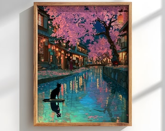 Black Cat Tokyo Street-print: anime, op ghibli geïnspireerde muurkunst