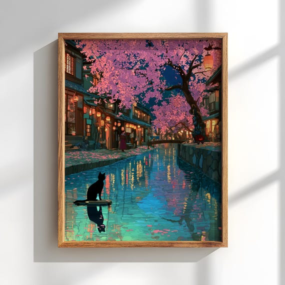 Anime poster tokyo street wall decor: black cat wall art, Ghibli poster
