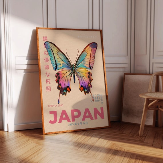 Pink Butterfly Art Print: Japanese Preppy Contemporary Illustration, Wall Decor