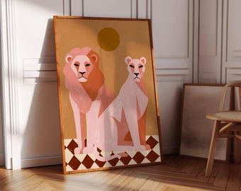 Pink Lions Couple Poster: Retro Safari Bohemian Wall decor