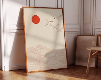 Japanese sun Minimalist Wall Art – Cranes birds, Zen Inspired Asian Decor