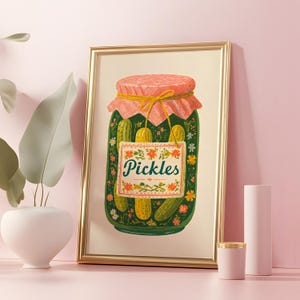 Pickle Jar poster, Pickles poster, Green Retro Digital Print, Folk art print, Funky Wall Art, Kitchen decor, Modern Graphic Print