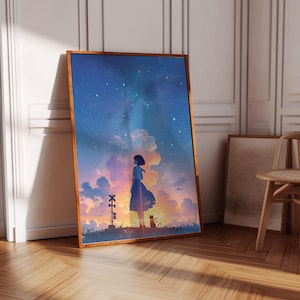 以下が含まれることがあります： 星空が広がる夕暮れの下、小さな猫の隣に立つ人物のシルエットが描かれた縦型の額入りアートプリント。地平線近くには柔らかなピンクとオレンジの雲があり、踏切の信号機が立っている様子が表現されています。