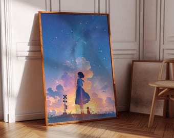 Anime Girl and Cat Sunset Poster: Japanese Landscape Bedroom Decor