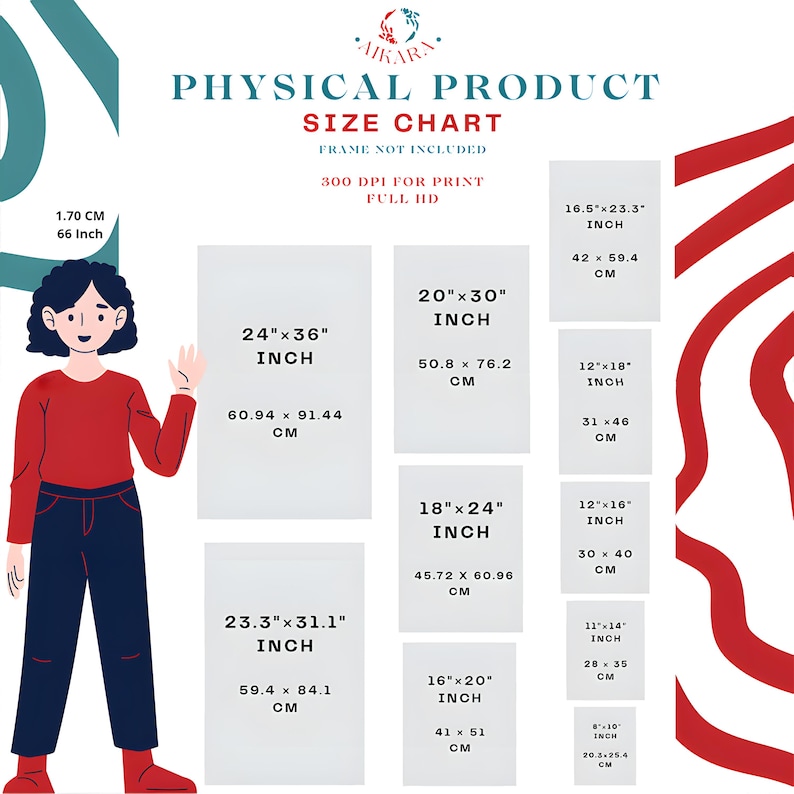 May include: A size chart for physical products, with dimensions in inches and centimeters. The chart includes sizes such as 24"x36" (60.94 x 91.44 cm), 20"x30" (50.8 x 76.2 cm), and others. The image also features a cartoon illustration of a person.