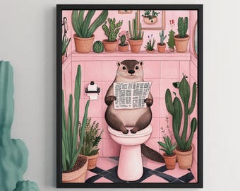 Quirky Otter Toilet Poster – Maximalist Bathroom Wall Art, Funny Animal Illustration