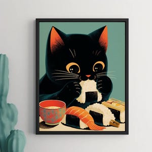 おにぎりを食べる猫、日本の朝食ポスター、黒猫ポスター、おにぎりポスター、キッチン用のかわいい猫、ビンテージポスター