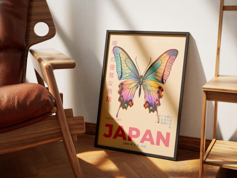 May include: A vintage poster with a colorful butterfly illustration and the text "JAPAN" in large red letters. The poster has a light brown background and the text "1965年8月14日" in black.