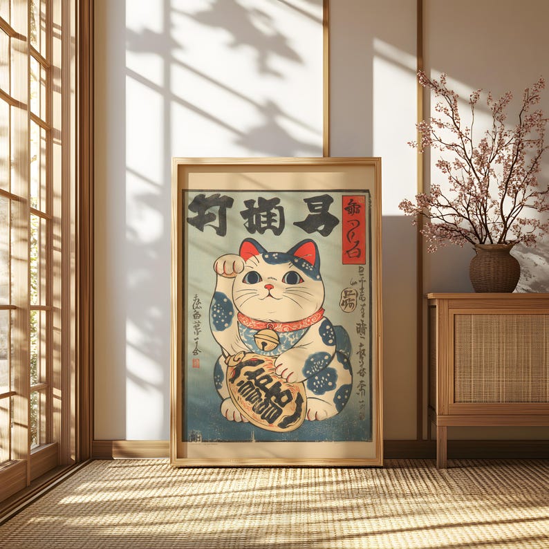 Lucky Cat Poster Japanese Maneki Neko Wall Art: Vintage Japanese Decor ...