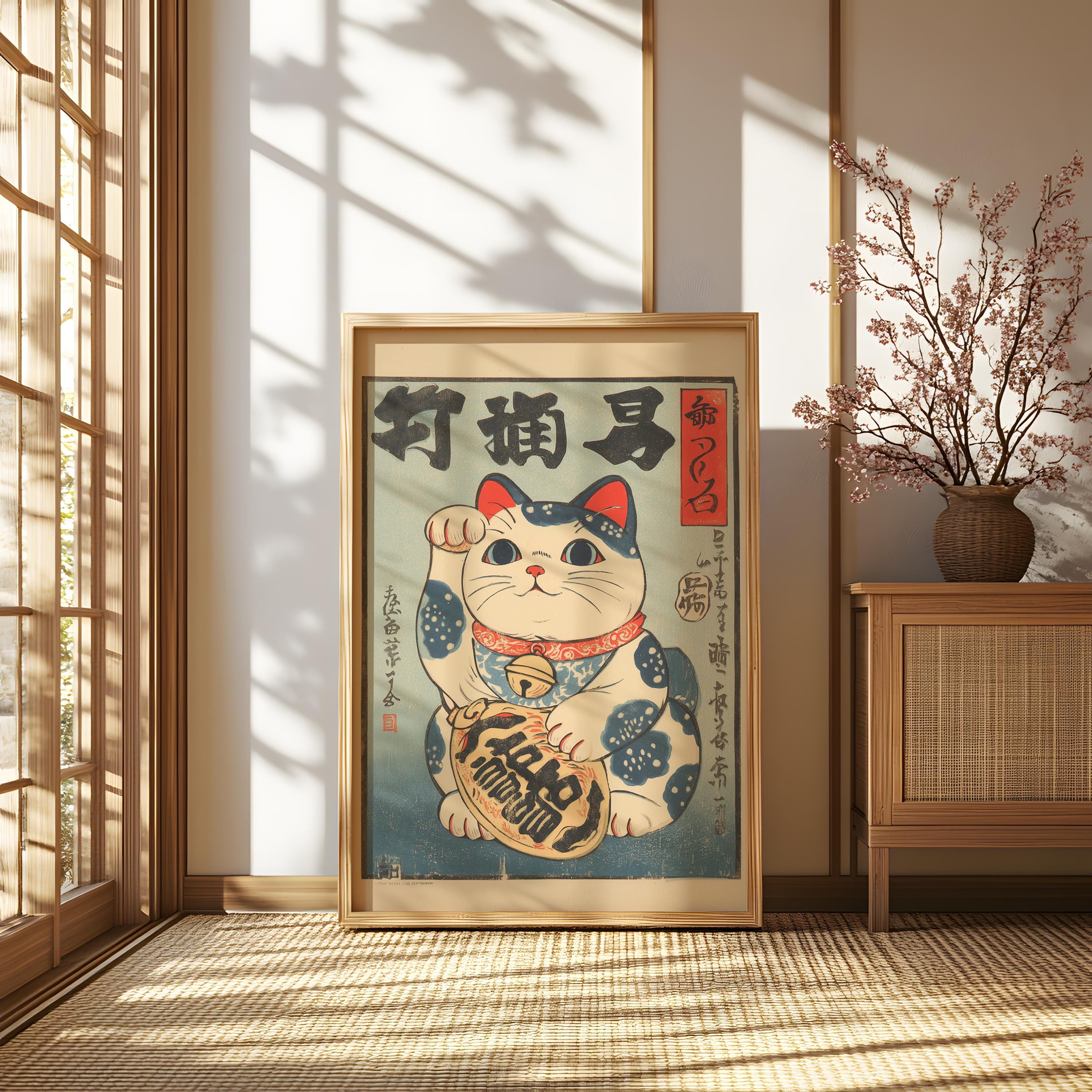 Lucky Cat Poster Japanese Maneki Neko Wall Art: Vintage Japanese Decor ...