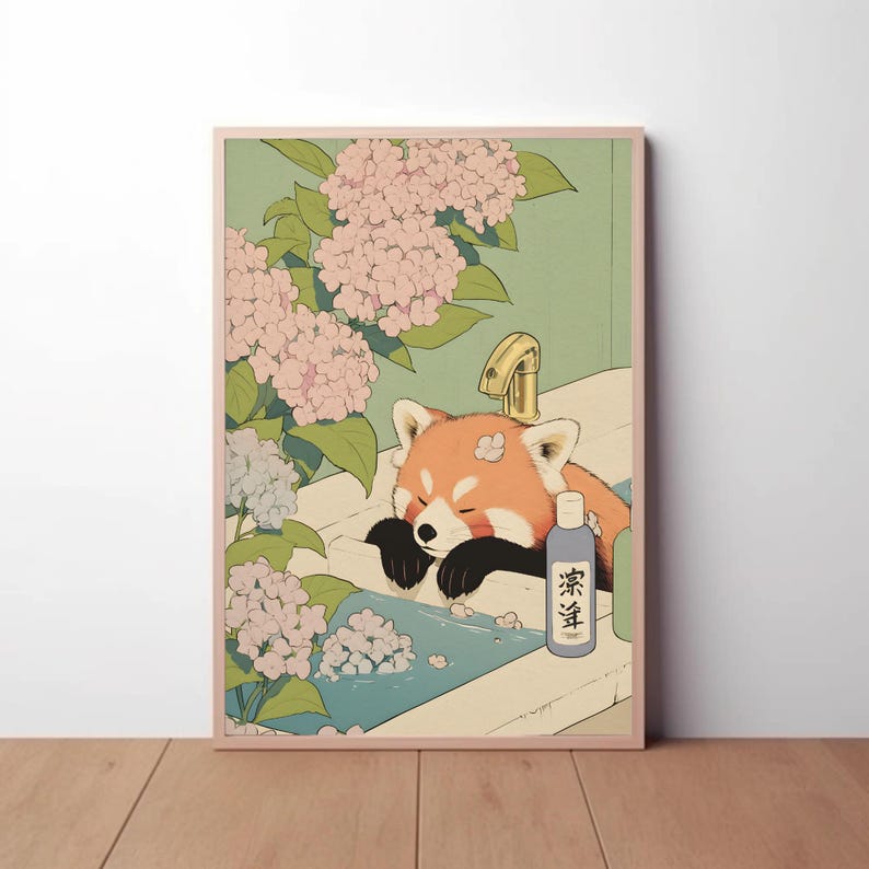 Red Panda in Bathtub: Japanese Bathroom Print, Neutral Soft Japandi ...