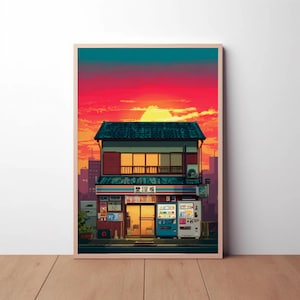 Anime Japanese Room Poster Retro Kombini Print Japan City Pop Wall Art Vaporwave Gaming Aesthetic Decor Sunset Street Illustration