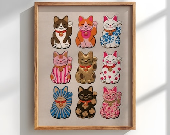 Maneki Neko Lucky Cat poster: Colorful Retro Japanese decor