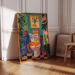 Impresión de gato naranja en el inodoro, impresión divertida para el baño, póster de gato en el inodoro, impresión divertida para el inodoro, impresión de Matisse, gato en el baño, arte de pared de moda