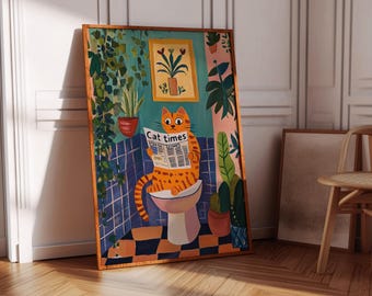 Orange cat toilet print, Funny Bathroom print, cat on toilet poster, funny toilet print, Matisse print, bathroom cat, Trendy wall art