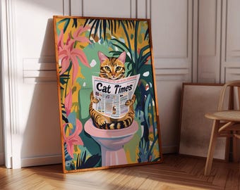 Bengal cat toilet print, Funny Bathroom print, cat on toilet poster, funny toilet print, Maximalist print, bathroom cat, Trendy wall art