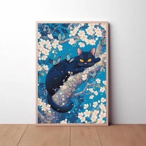 Black Cat Art Print, Sakura Tree Wall Decor, Japanese Aesthetic Poster, Mystical Cat Artwork, Fantasy Cat Illustration, Cherry Blossom