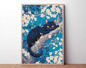 Black Cat Art Print, Sakura Tree Wall Decor, Japanese Aesthetic Poster, Mystical Cat Artwork, Fantasy Cat Illustration, Cherry Blossom