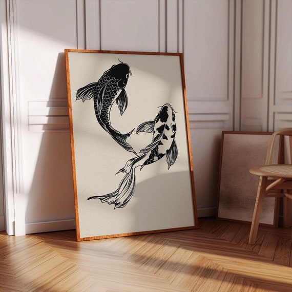 Koi Fish Art Print, black and white Wall Decor (Digital Print)