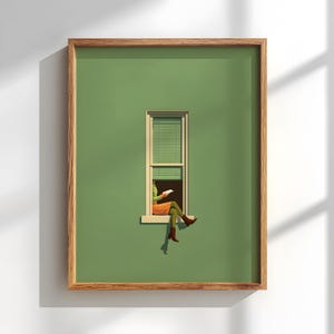 Minimalist Window Reading Poster: Modern Green Wall Art, Gift for her