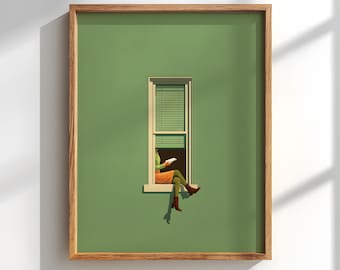 Minimalist Window Reading Poster: Modern Green Wall Art, Gift for her