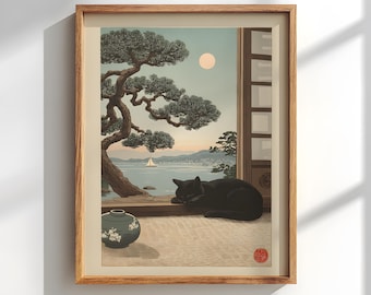 Japanese Black Cat Art Print: Hiroshige Woodblock Style