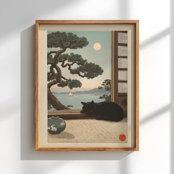 Japanese Black Cat Art Print: Hiroshige Woodblock Style