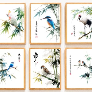 QI baishi artwork, Bird Wall Art Set Chinese Painting Print Bamboo Decor Asian Wall Art Set of 6 Zen Poster Nature Decor Minimalist Wall Art