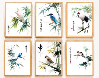 May include: Six framed art prints with watercolour paintings of birds and bamboo. Each print depicts a different bird species, such as a cockatoo, kingfisher, crane, and sparrow, with Chinese calligraphy and a wooden frame.
