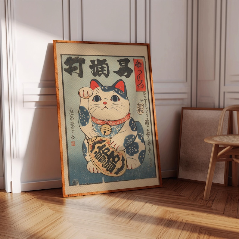 Lucky Cat Poster Japanese Maneki Neko Wall Art: Vintage Japanese Decor ...
