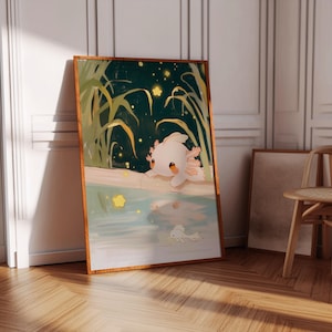 schattige Axolotl-poster, dromerige kunstwerken, kinderkamerinrichting, vijverposter, amfibieënkunst, Axolotl-poster, axolotlkleuren, kinderkamerafdruk