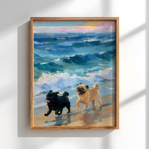 May include: A framed painting depicts two pugs running on a beach. One pug is black, the other is tan. The background shows a vibrant ocean with blue waves and a colorful sky. The artwork is in a wooden frame.