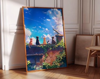 Anime Kunstdruck Katze: Japanisches Kinderzimmer Dekor