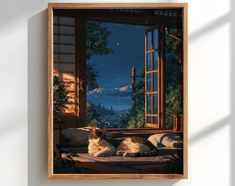 Anime Cat Window View Poster: Japanese house nursery decor
