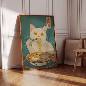Póster vintage de gato blanco comiendo ramen, gato para arte mural de cocina, arte mural japonés vintage, póster de los años 70