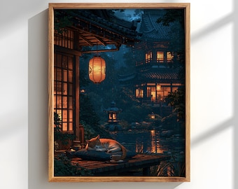 Sleeping Orange Cat Rainy Night Poster: Anime Room Decor